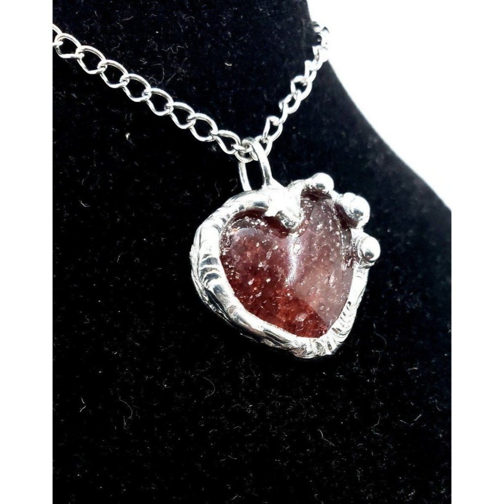 Strawberry Quartz Crystal Heart Necklace Handmade